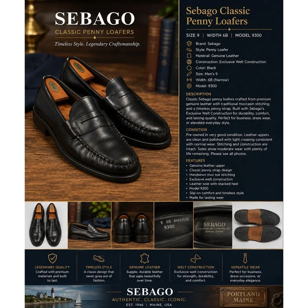 Sebago Classic Men's Black Leather Penny Loafers Size 9 6B Welted Dress Shoes